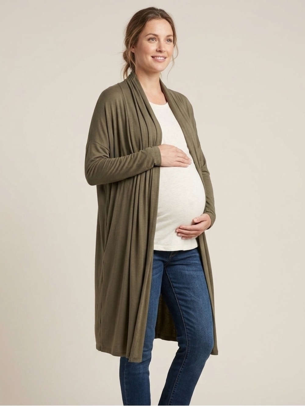Seraphine Sz M Khaki Green Draped Open Front Relaxed Soft Cardigan